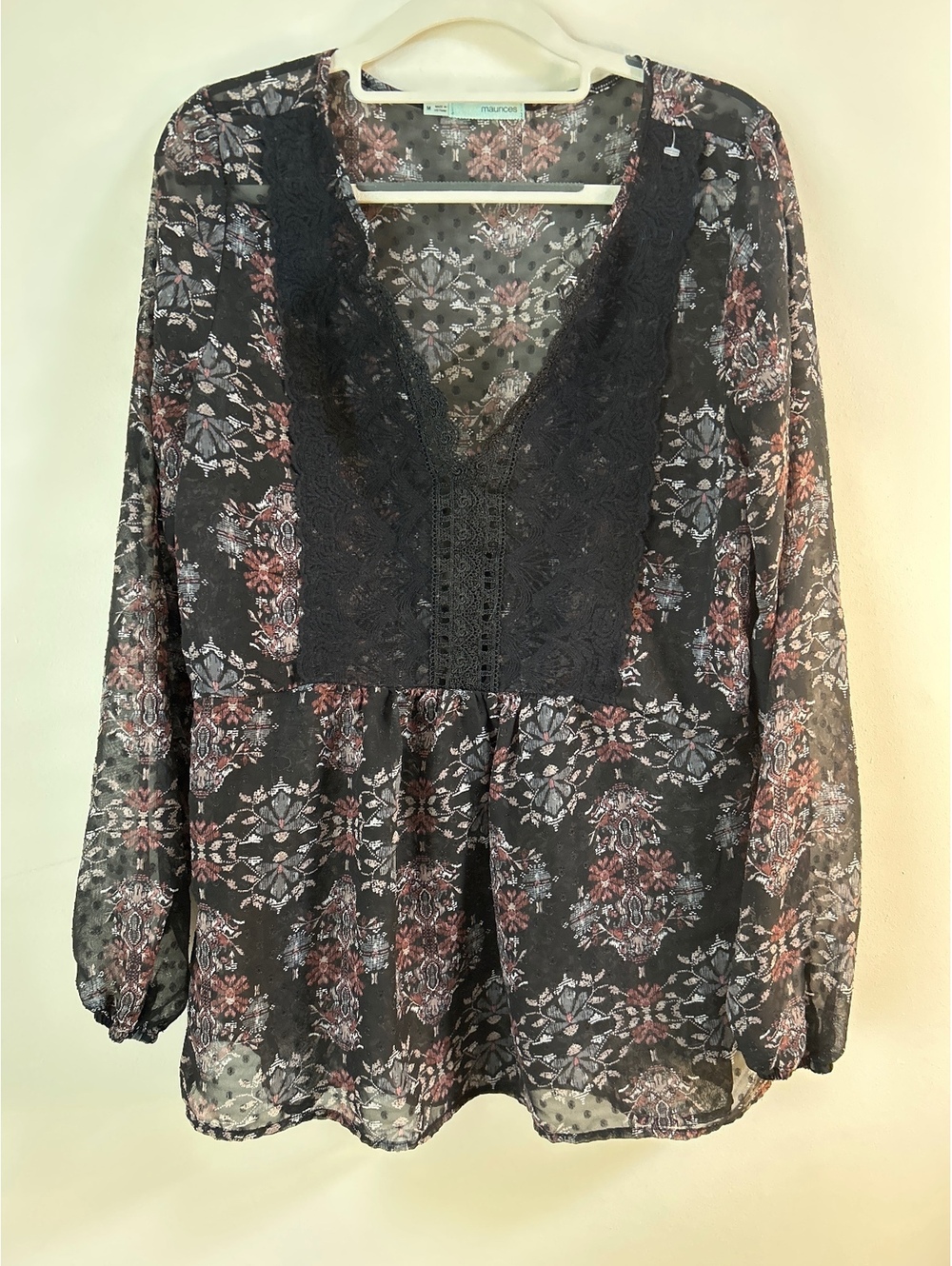 Maurices Black Sheer Floral Blouse with Lace Detail Size M